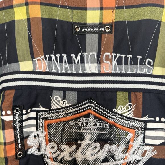 Raw Blue Mens Plaid Embroidered Button Shirt Size 4XL Grunge Skater Biker Y2K - Picture 9 of 16